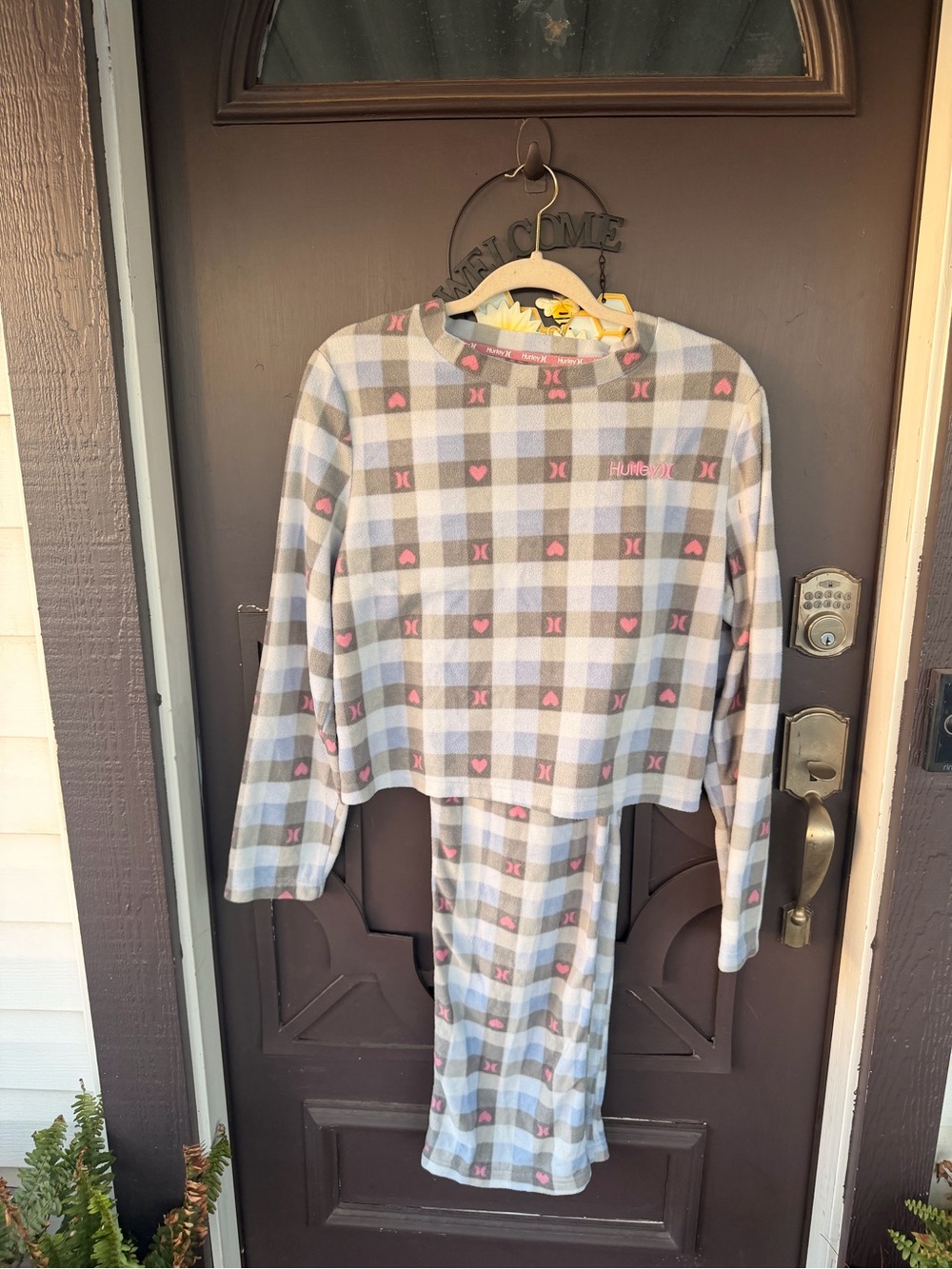 Hurley Gray and Pink Plaid Fleece Pajama Set with Heart Accents